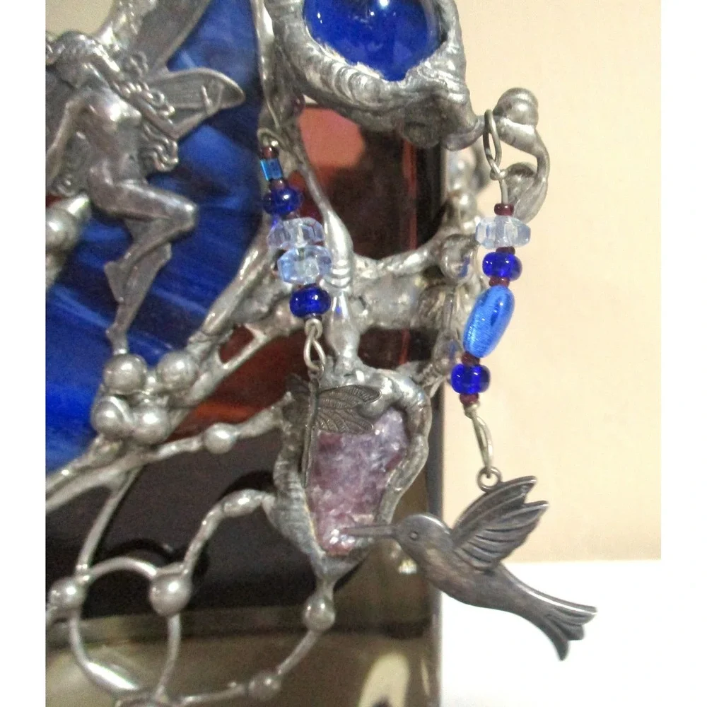 Art Glass Fairy Votive Holder Pewter Metal Moon Amethyst Hummingbird Whimsical